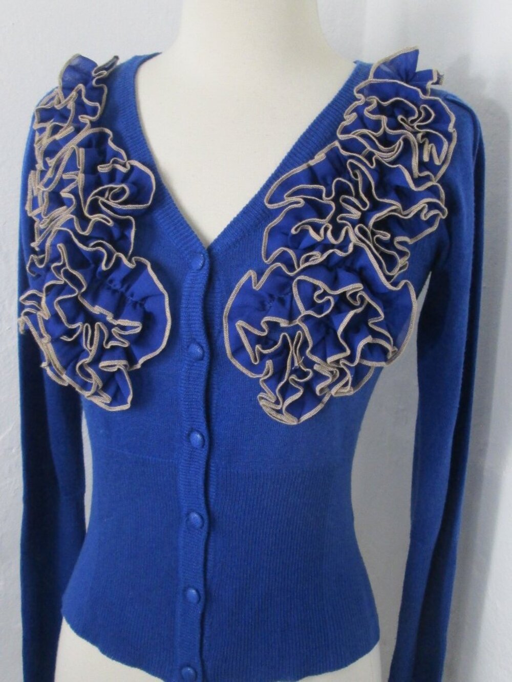 Y2K Vintage RYU Anthropologie Sapphire Ruffle Front V-Neck Cardigan Sweater Sz S
